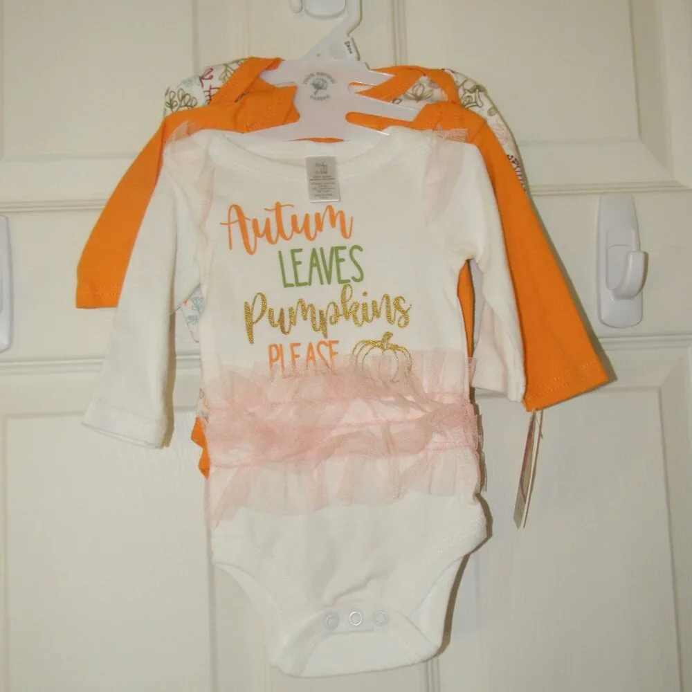Baby Kiss 3 Bodysuits Fall Thanksgiving Autumn Pumpkin Orange 0-3M NWT